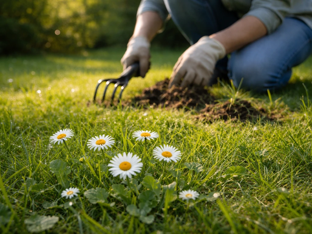 Pelouse naturelle avec pâquerettes au premier plan, et désherbage en cours au second plan avec un outil d’arrachage.