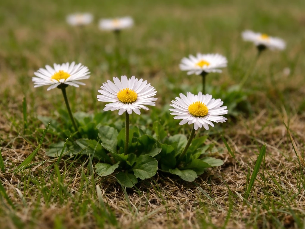 Pâquerettes dans une pelouse clairsemée, herbe très courte et sol compacté au premier plan.