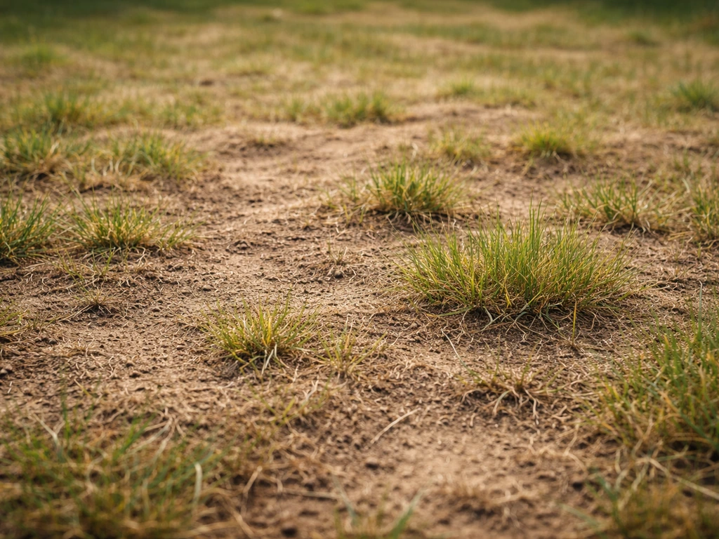 Pelouse clairsemée avec zones jaunes et brunes, brins faibles, sol partiellement nu.