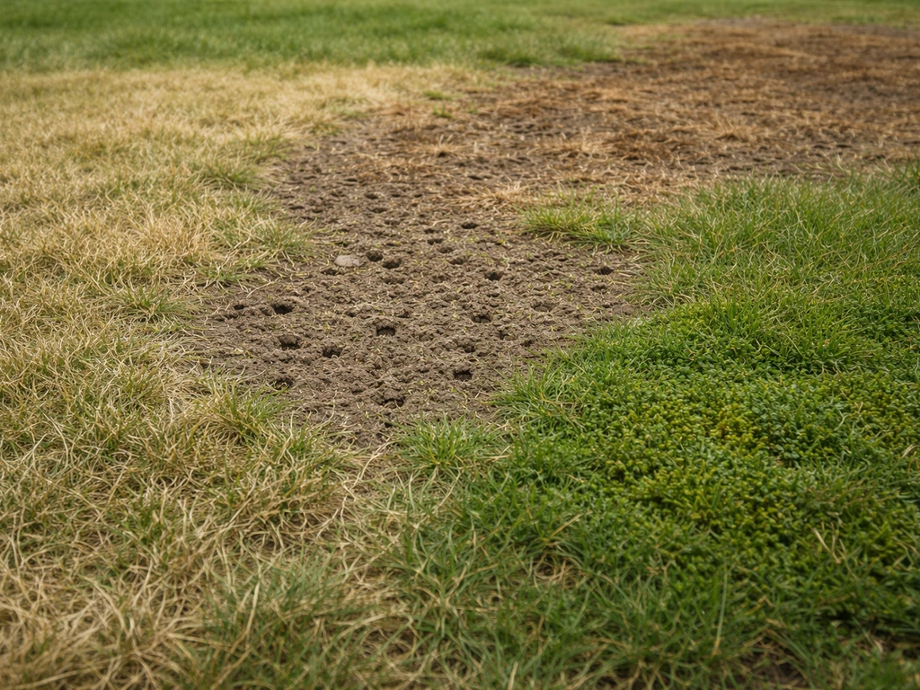 Pelouse montrant plusieurs zones : herbe jaunie et brune, trous et taches de mousse vert foncé.