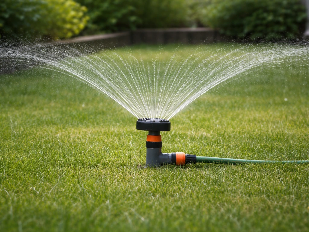 Arroseur de jardin réglé projetant une eau homogène sur un sol non détrempé, sans ruissellement.