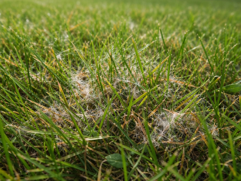 Gros plan sur une pelouse avec taches et filaments évoquant une maladie fongique estivale