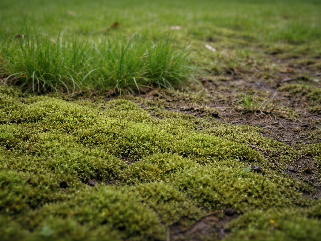 Mousse compacte envahissant une pelouse fragilisée, contraste avec une zone encore verte.