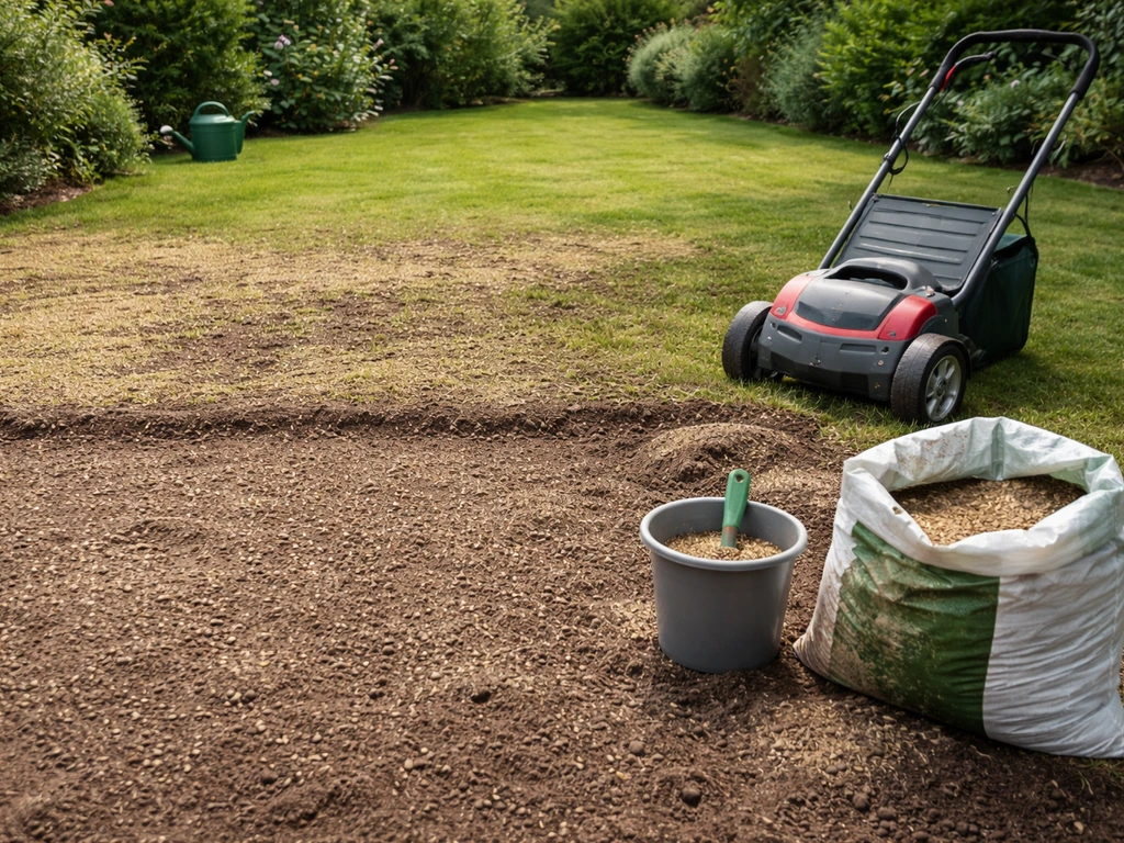 Pelouse en préparation avec scarificateur, sac de semences/terreau et arrosoir, prêt pour le sursemis.