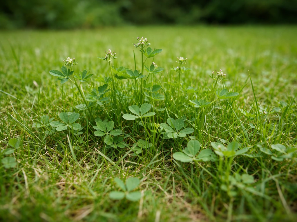 Gros plan d’une pelouse montrant clairement des plants de luzerne au milieu du gazon.