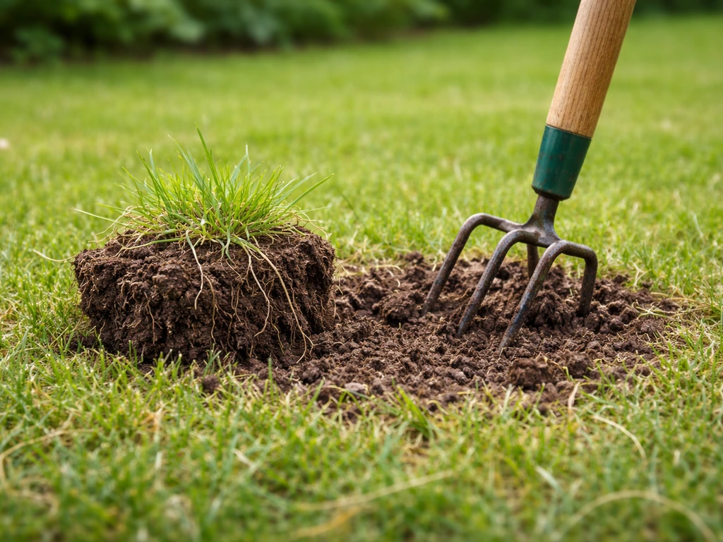 Mini-motte de pelouse arrachée, racines visibles, outil de jardin planté dans la zone grattée.